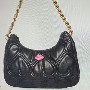 Betsey Johnson Black Smooches Quilted Women's Bag with Gold Chain Shoulder Bag